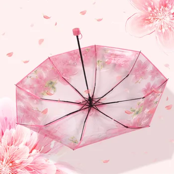Модный утолщенный Трехстворчатый прозрачный зонт Cherry Blossom Princess, Прозрачные ветрозащитные женские зонты от дождя, прямая поставка