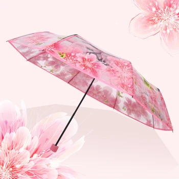 Модный утолщенный Трехстворчатый прозрачный зонт Cherry Blossom Princess, Прозрачные ветрозащитные женские зонты от дождя, прямая поставка Изображение 2