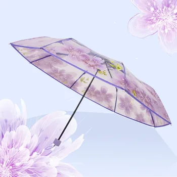Модный утолщенный Трехстворчатый прозрачный зонт Cherry Blossom Princess, Прозрачные ветрозащитные женские зонты от дождя, прямая поставка Изображение 3