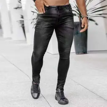 Мужские модные узкие джинсы для мальчиков, классические эластичные хлопчатобумажные узкие джинсы, мужские джинсовые брюки в полоску, высококачественная черная повседневная мужская одежда Изображение 2