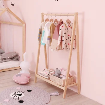Детская вешалка для одежды настенная Скандинавская простая вешалка для одежды из массива дерева, креативная домашняя спальня, крытый многофункциональный стеллаж для хранения Изображение 1