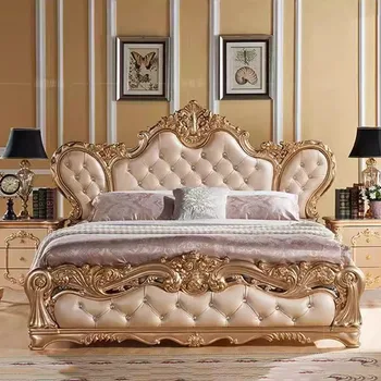 Европейская Двуспальная кровать High King, Роскошная Вилла принцессы, Двуспальная кровать для хранения вещей, Деревянная мебель для спальни в скандинавском стиле Изображение 0