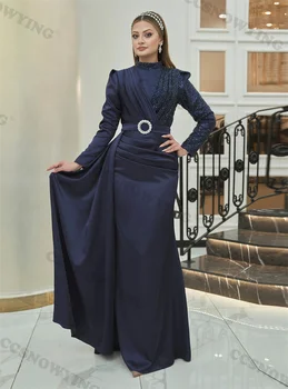 Аппликации с пряжкой на талии, мусульманские вечерние платья с длинным рукавом, исламские вечерние платья с высоким воротом, женские арабские халаты De Soirée