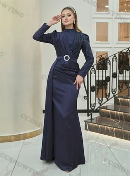 Аппликации с пряжкой на талии, мусульманские вечерние платья с длинным рукавом, исламские вечерние платья с высоким воротом, женские арабские халаты De Soirée Изображение 5