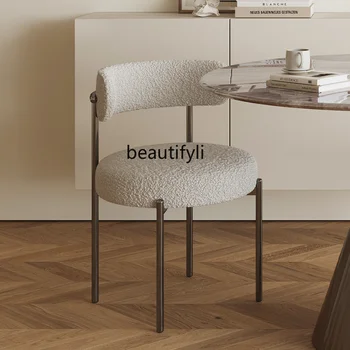 Металлический обеденный стул из нержавеющей стали в скандинавском кремовом стиле Для дома отдыха Современный минималистичный табурет для макияжа из овечьей шерсти обеденные стулья Изображение 3