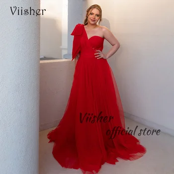 Вечерние платья из красного тюля Viisher на одно плечо, трапециевидное длинное платье для выпускного вечера, женские вечерние платья Изображение 0