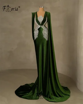 Мусульманское Винтажное Вечернее платье из Изумрудно-зеленого бархата с длинными рукавами-шалью, Вечерние платья для официальных мероприятий, Свадебные платья ручной работы с хрусталем и камнями