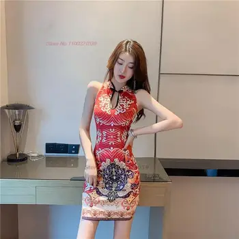 2024, китайское сексуальное платье qipao без рукавов для ночного клуба, облегающее женское платье с цветочным принтом в стиле ретро, cheongsam vintage party, вечернее мини-платье qipao Изображение 1