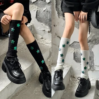 Женская Y2K, вязаная гетра в рубчик для девочек, длинные носки до икр, японские нашивки со звездами Харадзюку, чулки с аппликацией на ногах