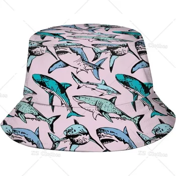 Розовая панама с рыбьей акулой для женщин, мужчин, подростков, Пляжная уличная модная упаковываемая солнцезащитная кепка, рыболовные кепки для рыбака Изображение 0