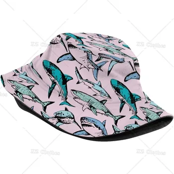 Розовая панама с рыбьей акулой для женщин, мужчин, подростков, Пляжная уличная модная упаковываемая солнцезащитная кепка, рыболовные кепки для рыбака Изображение 1