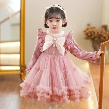 Детское платье принцессы из сетки Помпадур для детей 3-12 лет, осенне-зимнее однотонное платье с длинным рукавом и бантом