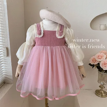 Корейская детская одежда, зимнее платье для девочек в западном стиле, детская милая бархатная рубашка с подкладкой, юбка на подтяжках Two-Pi