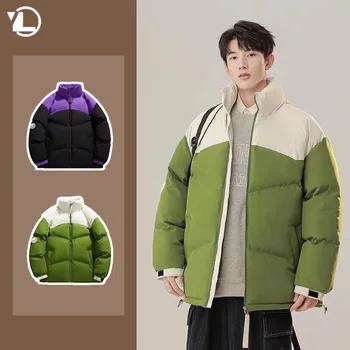 Мужская короткая хлопковая куртка со стоячим воротником в стиле пэчворк, пара толстых зимних пар, модная уличная одежда, простое теплое пальто