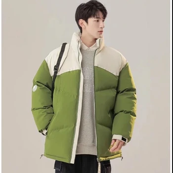 Мужская короткая хлопковая куртка со стоячим воротником в стиле пэчворк, пара толстых зимних пар, модная уличная одежда, простое теплое пальто Изображение 2