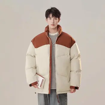 Мужская короткая хлопковая куртка со стоячим воротником в стиле пэчворк, пара толстых зимних пар, модная уличная одежда, простое теплое пальто Изображение 3