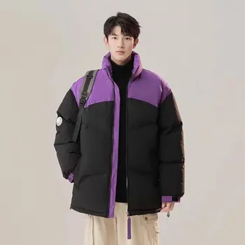 Мужская короткая хлопковая куртка со стоячим воротником в стиле пэчворк, пара толстых зимних пар, модная уличная одежда, простое теплое пальто Изображение 4