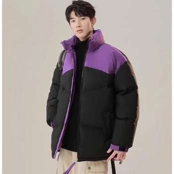 Мужская короткая хлопковая куртка со стоячим воротником в стиле пэчворк, пара толстых зимних пар, модная уличная одежда, простое теплое пальто Изображение 5