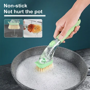 Кухонная щетка для мытья посуды, щетка для чистки с длинной ручкой и дозатором жидкости, съемная насадка для щетки, инструменты для уборки дома