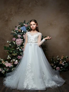 Платья Claccis для первого причастия, Кружевное тюлевое элегантное платье принцессы с длинными рукавами для девочек-цветочниц, Свадебная вечеринка, бал, Детские платья мечты