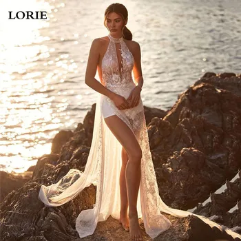 Свадебные платья LORIE Beach, Кружевное платье невесты в стиле бохо с коротким вырезом, Сексуальное платье с высоким разрезом, Vestidos de novia 2024, Свадебные платья