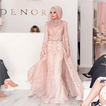 роскошные вечерние платья 2023, розовая верхняя юбка, арабское мусульманское платье из Дубая для женщин, свадебная вечеринка, синие вечерние платья больших размеров Изображение 0