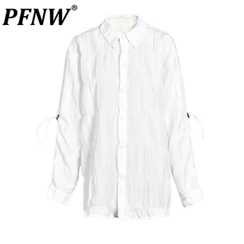 PFNW Мужская Белая Блузка Со Складками на Шнурке Большого Размера, Новая Рубашка Свободного Кроя С Лацканами И Длинным Рукавом, Модная Весна-Осень 2023 CPG0055
