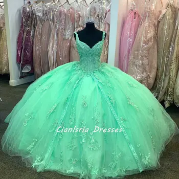 Мятно-зеленое пышное платье с бисером и блестками, бальное платье с открытыми плечами, корсет с цветочными аппликациями, Пышное платье