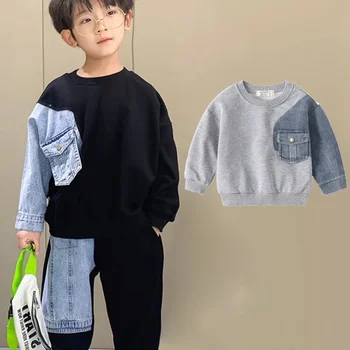 Джинсовая толстовка для маленьких мальчиков, свободная верхняя одежда с простроченными рукавами, Весна-осень 2024, детские повседневные толстовки с капюшоном, одежда