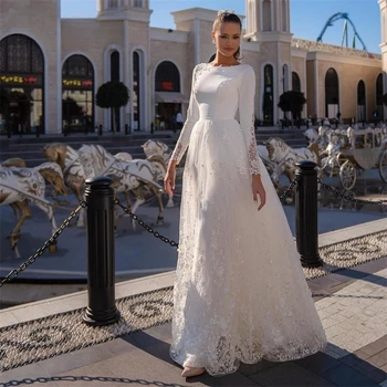 Элегантные свадебные белые платья трапециевидной формы, женские 2023, Кружевное свадебное платье с круглым вырезом и длинным рукавом, Атласная аппликация.