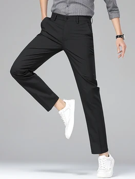 Летние мужские брюки, легкие и тонкие Деловые повседневные эластичные облегающие брюки-чинос, Корейская мода, Классические прямые Длинные Мужские официальные брюки Изображение 2