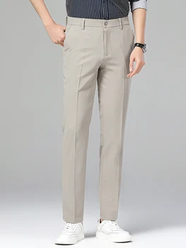 Летние мужские брюки, легкие и тонкие Деловые повседневные эластичные облегающие брюки-чинос, Корейская мода, Классические прямые Длинные Мужские официальные брюки Изображение 3