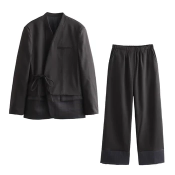 Новая женская мода 2023 года, клетчатая куртка в стиле Кимоно, Ретро-пальто с длинными рукавами + Комплект длинных брюк с высокой талией