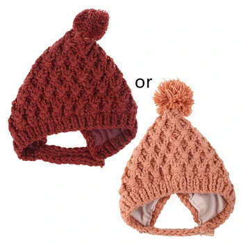 Зимняя теплая детская шапочка L5YF с меховым шариком, шапочка-бини для детей, для защиты ушей для девочек и мальчиков, вязаная однотонная шапка