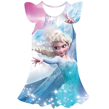 Платье Принцессы Диснея Эльзы с круглым вырезом, милое летнее платье для маленьких девочек, платье с принтом из серии Disney, 2023, новый выбор моды для маленьких девочек