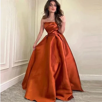 Платья для выпускного вечера из оранжевой тафты без бретелек, вечерние бальные платья принцессы 2024, платье для танцев для девочек