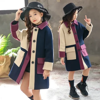 Осень / Зима 2024, шерстяная куртка для девочек, модная прострочка, дизайн в клетку, длинное пальто для девочек, детское пальто для девочек 4-12 лет
