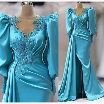Женское синее вечернее платье KSDN с длинным рукавом, аппликацией, круглым вырезом, прямая атласная складка, длина до пола, Элегантное женское платье для официальных мероприятий Изображение 0