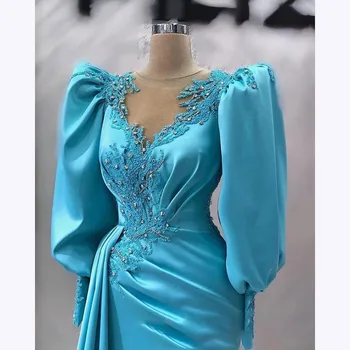 Женское синее вечернее платье KSDN с длинным рукавом, аппликацией, круглым вырезом, прямая атласная складка, длина до пола, Элегантное женское платье для официальных мероприятий Изображение 1