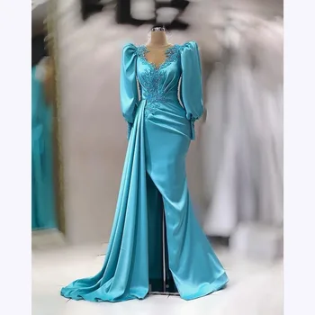 Женское синее вечернее платье KSDN с длинным рукавом, аппликацией, круглым вырезом, прямая атласная складка, длина до пола, Элегантное женское платье для официальных мероприятий Изображение 3