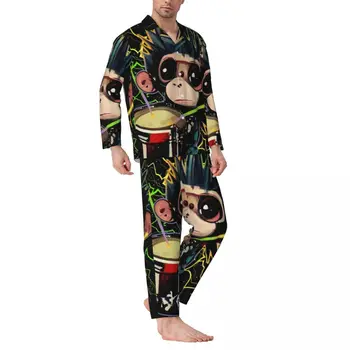 Пижамы с барабанящей Обезьяной, Весенний Винтажный Пижамный комплект большого размера с милым животным принтом, Мужской Повседневный домашний костюм Kawaii с длинным рукавом Изображение 0