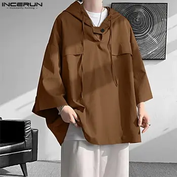 INCERUN Мужские толстовки, однотонные свободные повседневные мужские толстовки с капюшоном и длинным рукавом, уличная одежда, осень 2023, пуловеры в корейском стиле