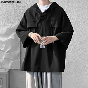 INCERUN Мужские толстовки, однотонные свободные повседневные мужские толстовки с капюшоном и длинным рукавом, уличная одежда, осень 2023, пуловеры в корейском стиле Изображение 1